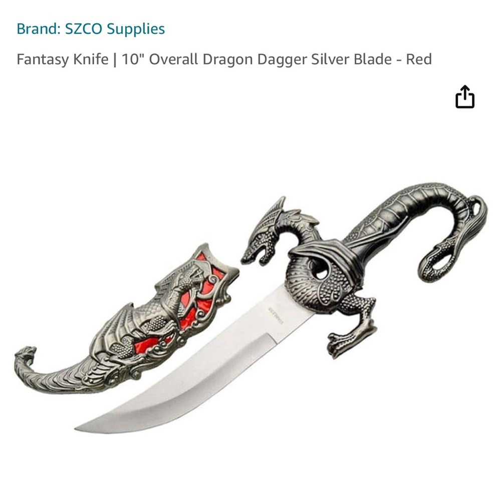 Fantasy Knife | 10" Overall Dragon Dagger Silver Blade - Red and blue colore
